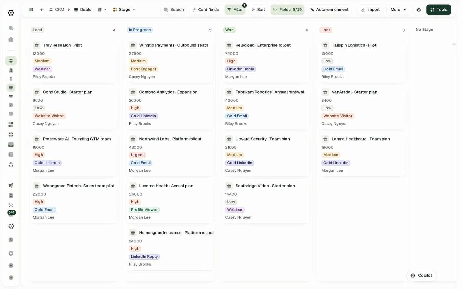 The Oxygen deals board with deals in Lead, In Progress, Won and Lost