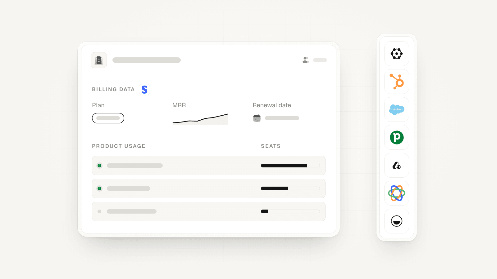 A CRM account pane with billing data from Stripe (plan, MRR, renewal date) and product usage per workspace, beside the marks of the seven CRMs for SaaS.
