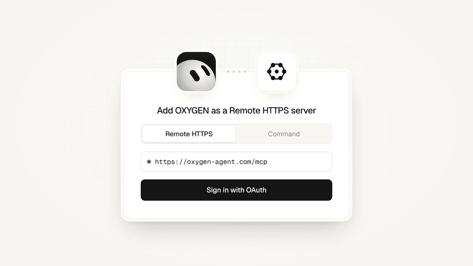 A connect card with the Grok Bot mark linked to the OXYGEN mark: Remote HTTPS, https://www.oxygen-sales.com/mcp, and Sign in with OAuth.