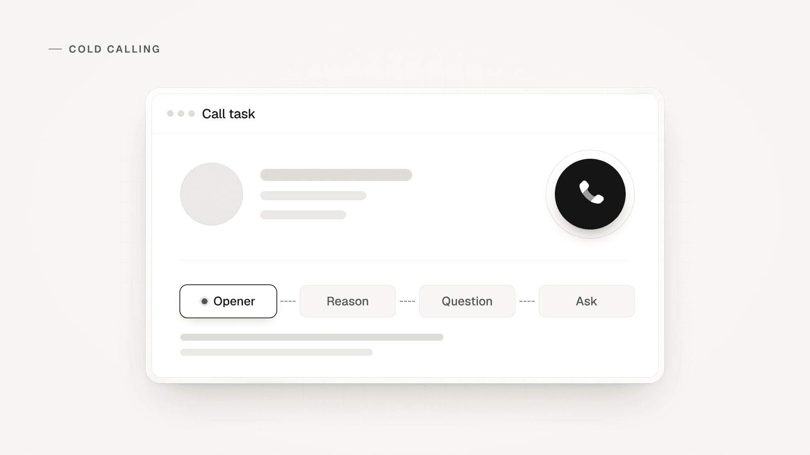 A call task pane: a phone button, the prospect as bars, and a script row of opener, reason, question and ask, with a status dot.